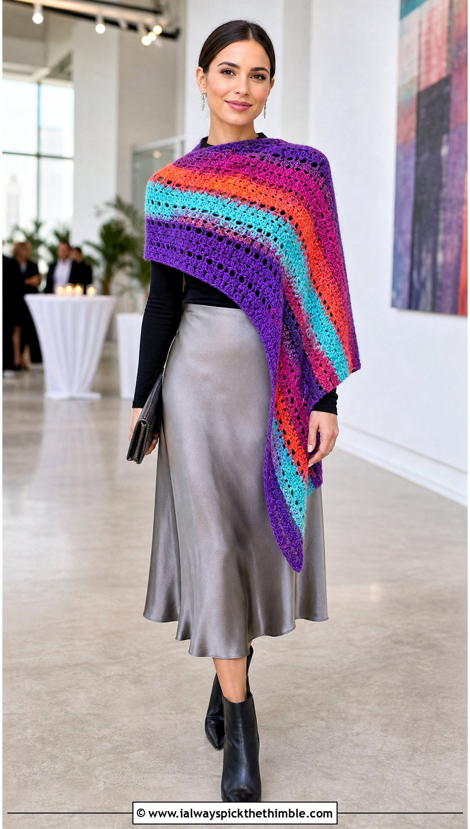 Colorful Striped Asymmetrical Crochet Wrap With Satin Skirt - 15 Colorful Striped Crochet Wrap outfit ideas