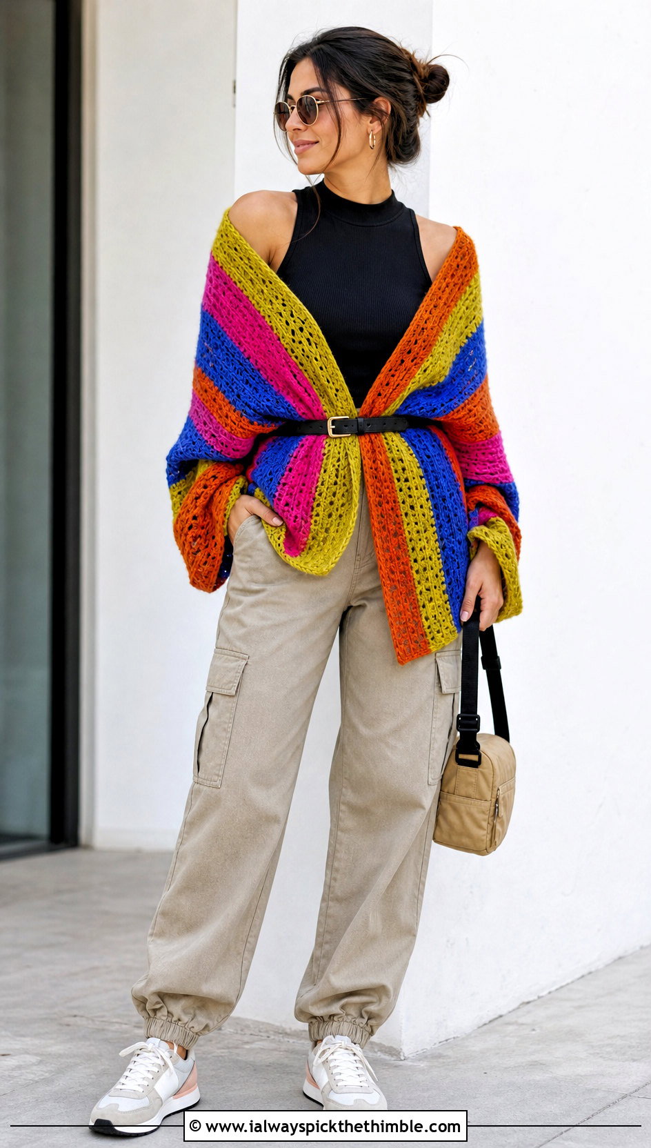 Colorful Striped Belted Crochet Wrap With Cargo Pants - 15 Colorful Striped Crochet Wrap outfit ideas