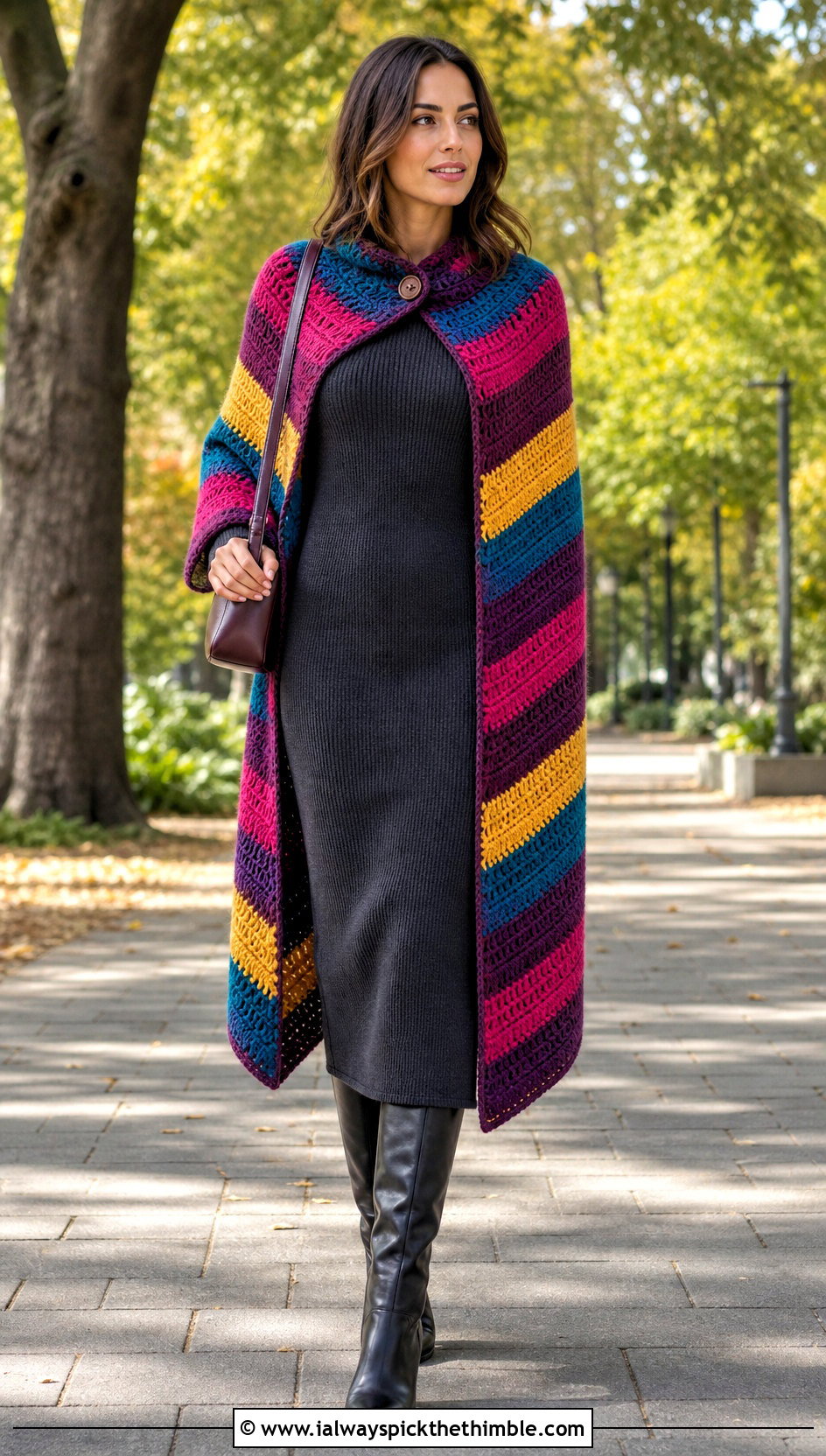 Colorful Striped Buttoned Crochet Wrap With Knit Dress - 15 Colorful Striped Crochet Wrap outfit ideas