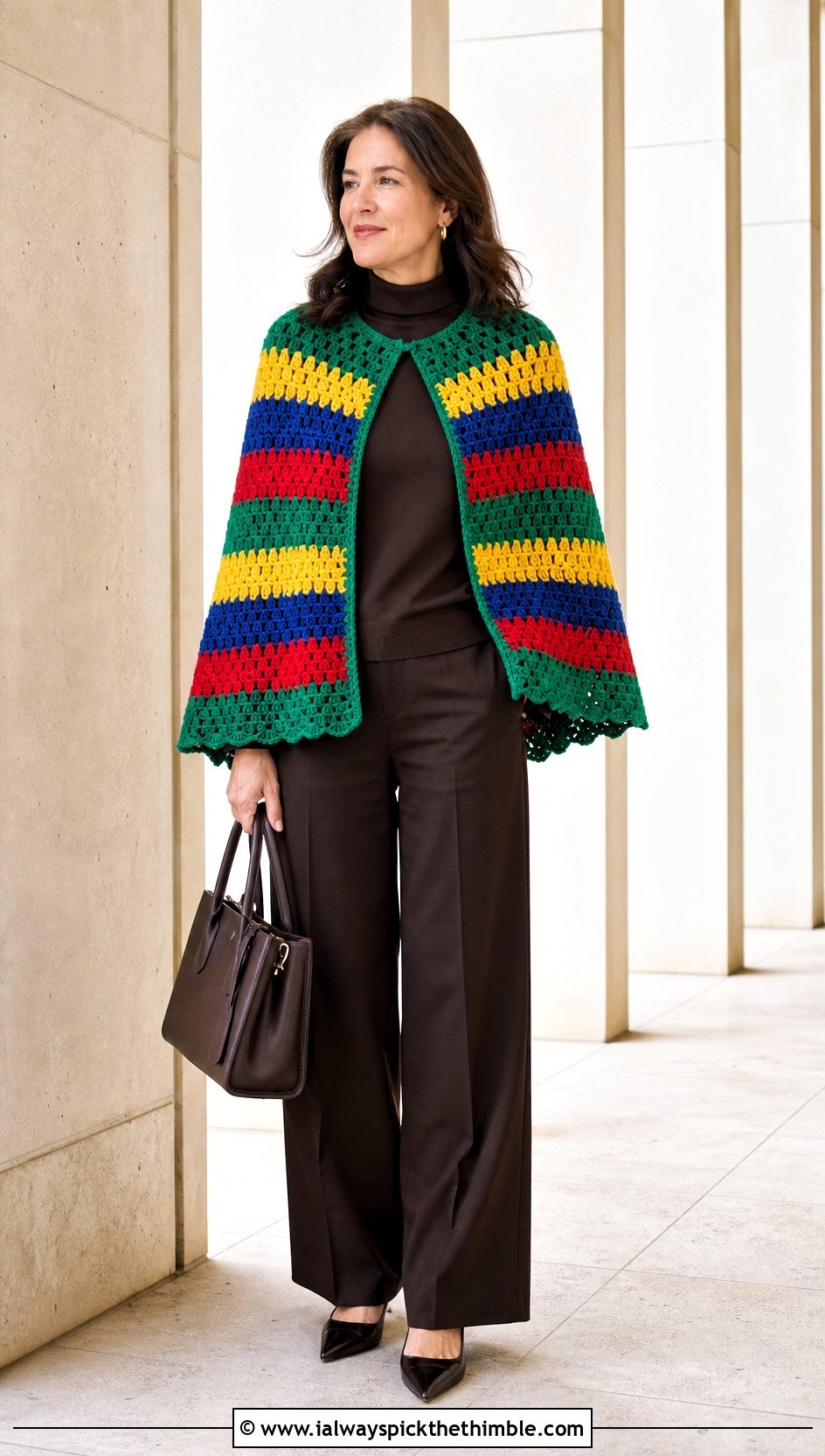 Colorful Striped Cape Crochet Wrap With Monochrome Outfit - 15 Colorful Striped Crochet Wrap outfit ideas