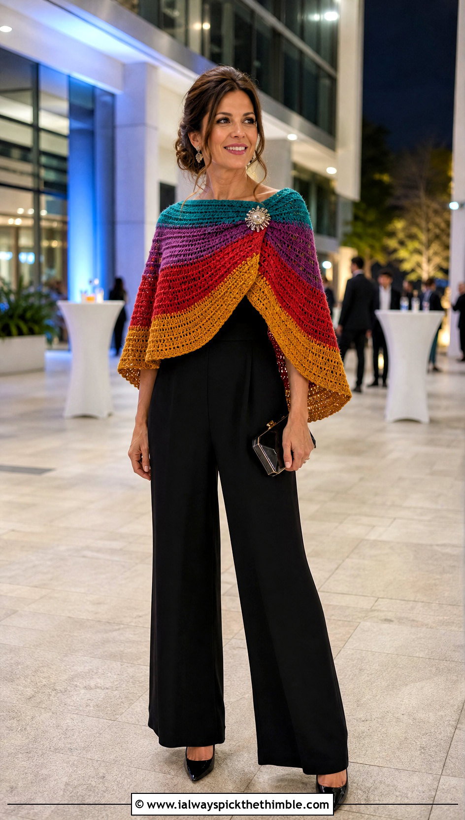 Colorful Striped Circular Crochet Wrap With Jumpsuit - 15 Colorful Striped Crochet Wrap outfit ideas