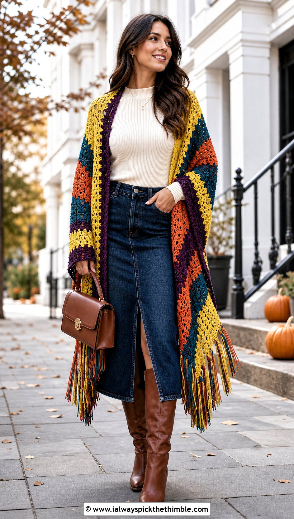 Colorful Striped Fringed Crochet Wrap With Denim Midi Skirt - 15 Colorful Striped Crochet Wrap outfit ideas