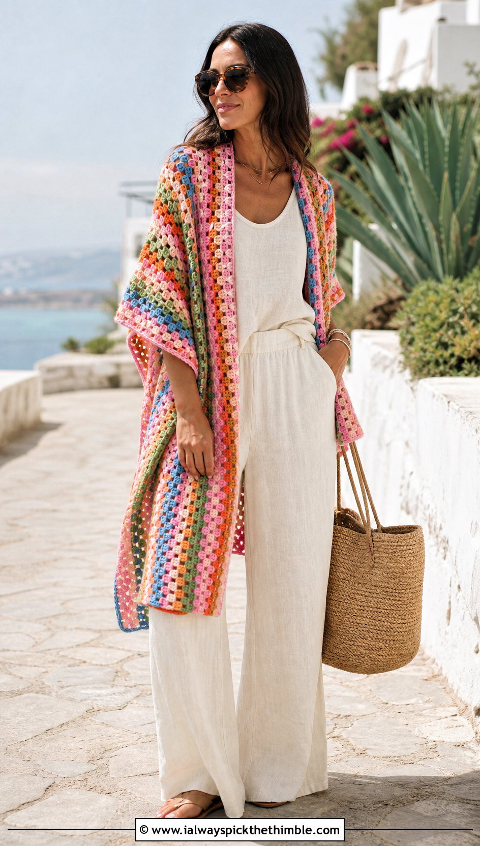 Colorful Striped Granny Stitch Crochet Wrap With Linen Set - 15 Colorful Striped Crochet Wrap outfit ideas