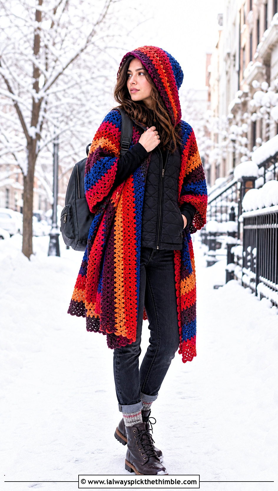 Colorful Striped Hooded Crochet Wrap With Winter Basics - 15 Colorful Striped Crochet Wrap outfit ideas