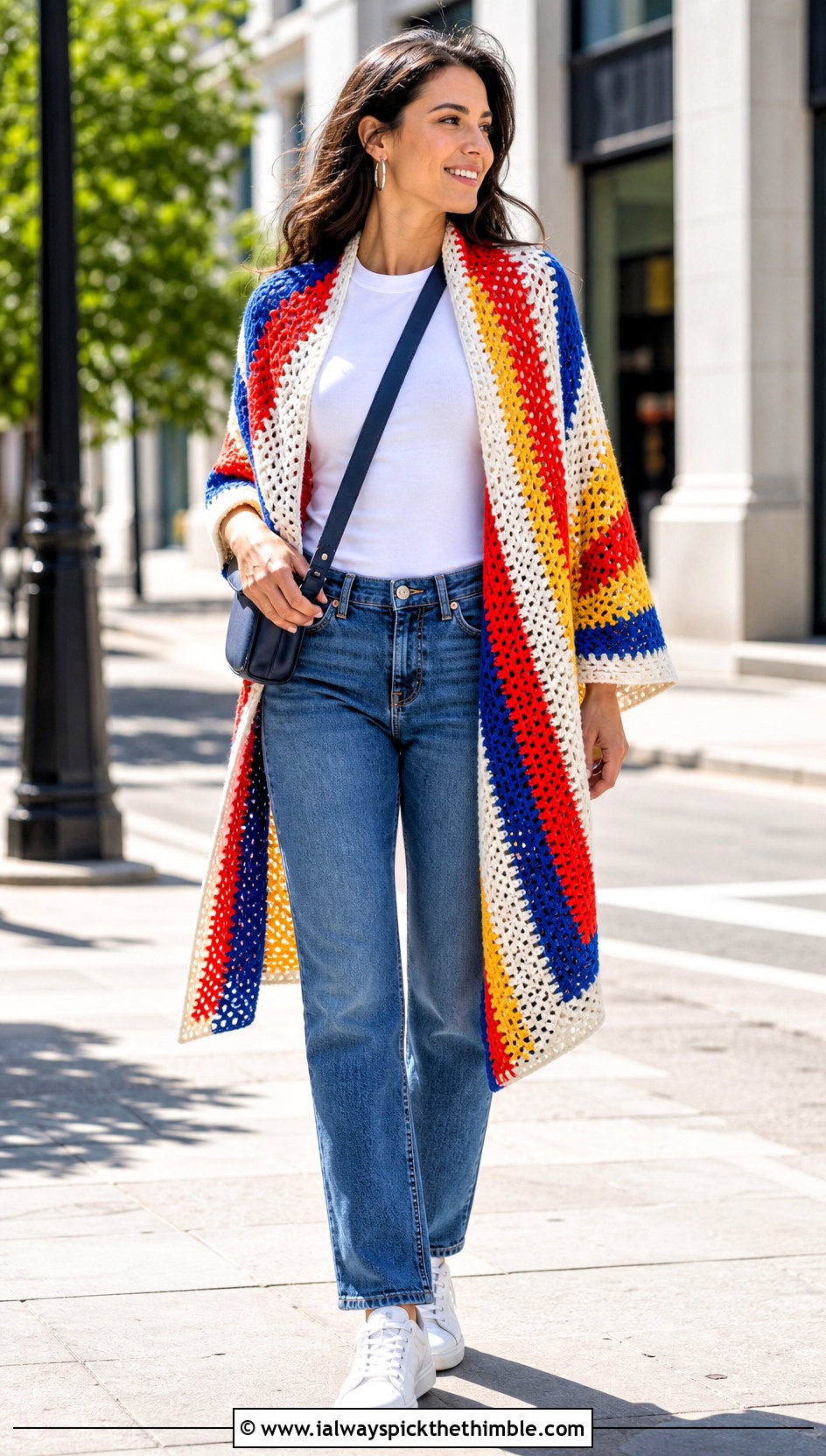 Colorful Striped Rectangle Crochet Wrap With Straight Leg Jeans - 15 Colorful Striped Crochet Wrap outfit ideas