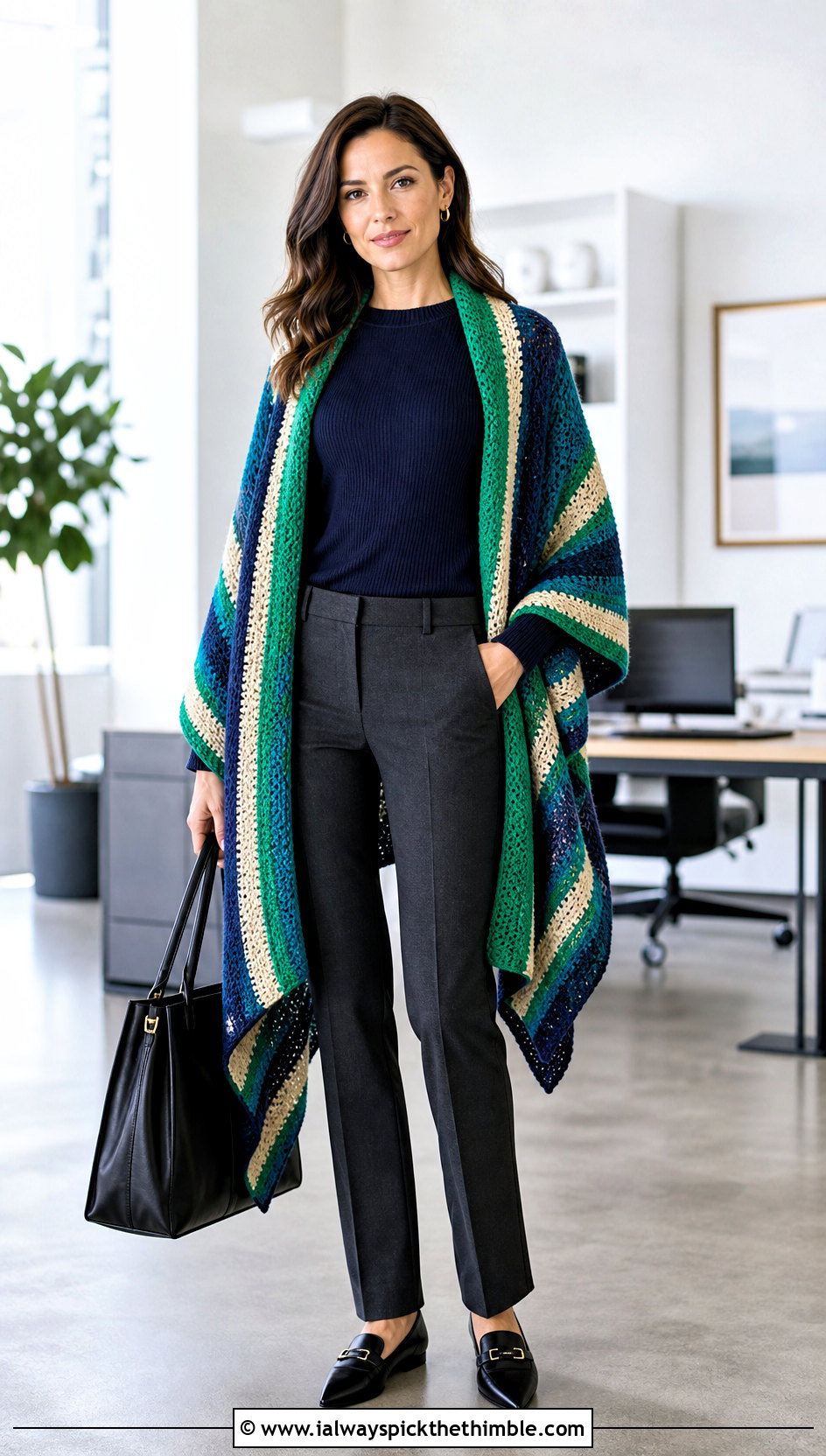 Colorful Striped Ruana Crochet Wrap With Tailored Trousers - 15 Colorful Striped Crochet Wrap outfit ideas