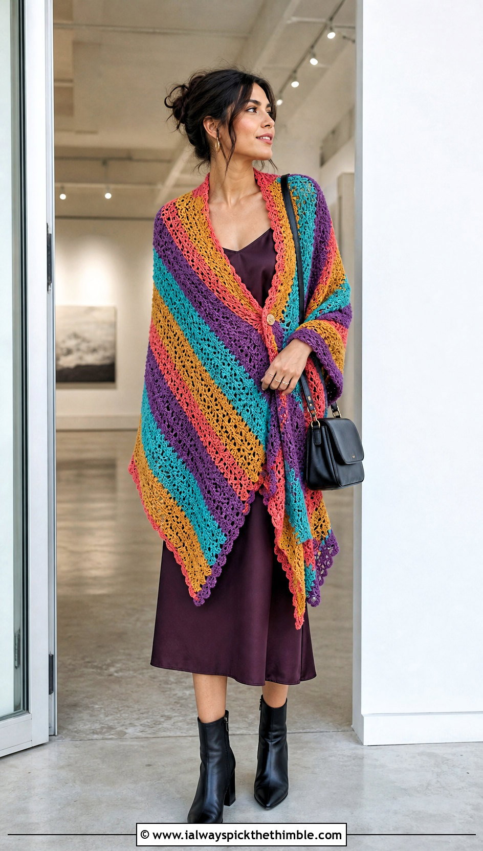 Colorful Striped Triangle Crochet Wrap With Slip Dress - 15 Colorful Striped Crochet Wrap outfit ideas