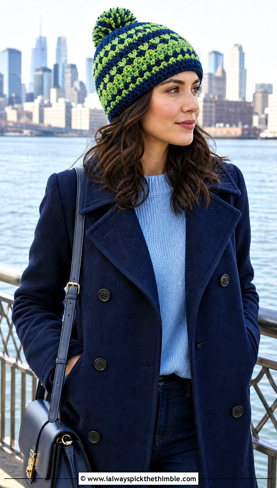 Colorwork Crochet Beanie With Peacoat And Dark Jeans - 25 crochet winter hat outfit ideas
