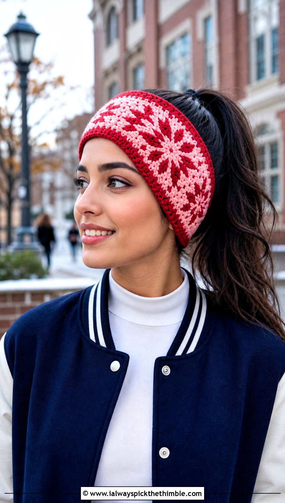 Colorwork Crochet Snowflake Headband With Varsity Jacket - 20 Crochet Snowflake Headband outfit ideas