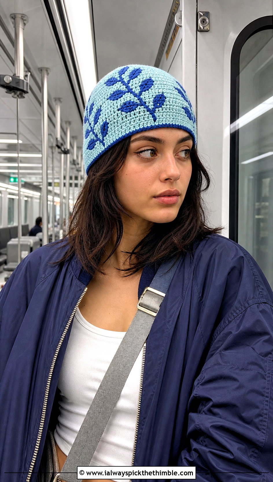 Colorwork Leaf Skullcap With Bomber Jacket - 20 Crochet Leaf Hat outfit ideas