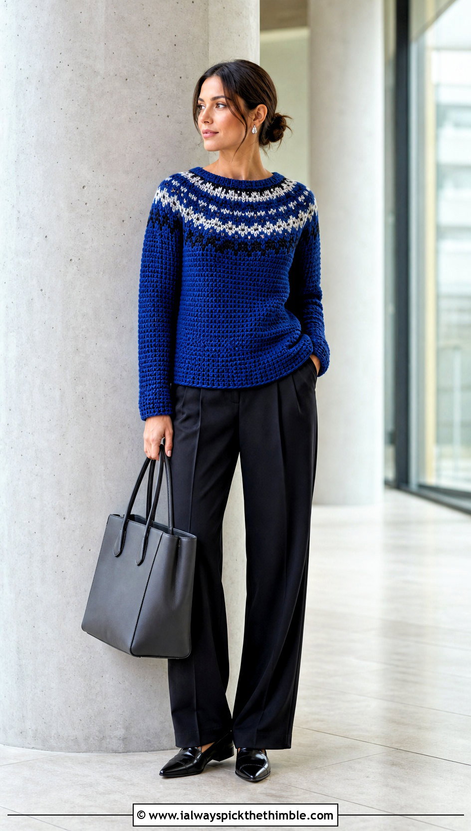 Colorwork Round Yoke Crochet Sweater With Black Trousers - 20 Round Yoke Crochet Sweater outfit ideas