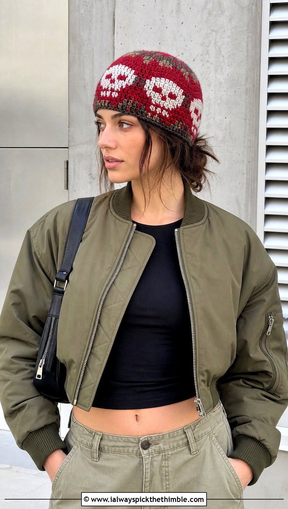 Colorwork Skull Crochet Beanie With Cargo Pants - 20 crochet skull beanie outfit ideas