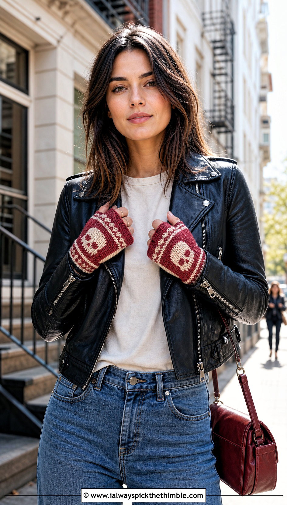 Colorwork Skull Fingerless Mitts With Moto Jacket And Jeans - 15 Crochet Skull Gloves outfit ideas