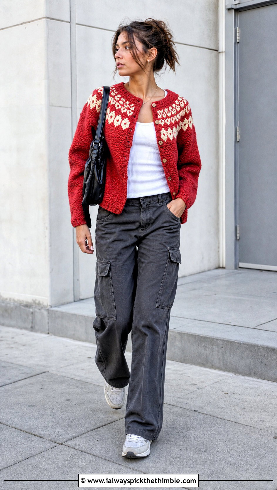 Colorwork Yoke Cardigan With Cargo Pants - 20 Crochet Yoke Cardigan outfit ideas