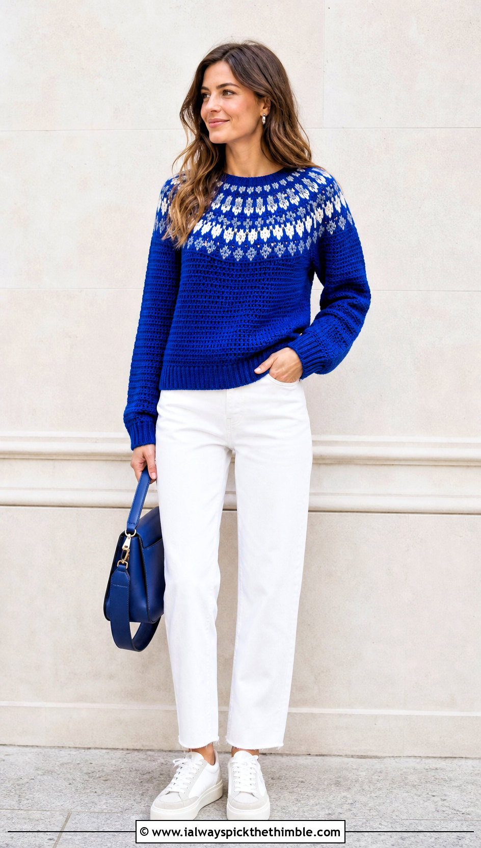 Colorwork Yoke Crochet Sweater With White Jeans - 25 top down crochet sweater outfit ideas