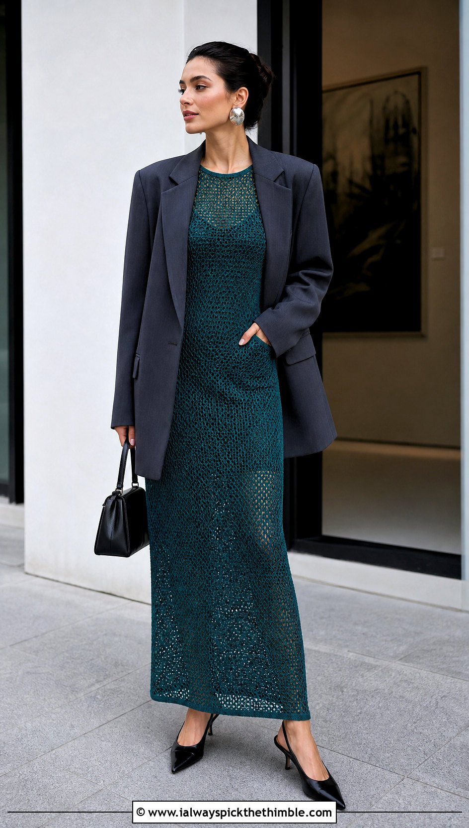 Column Crochet Gown With Oversized Blazer - 20 Crochet Gown Dress outfit ideas