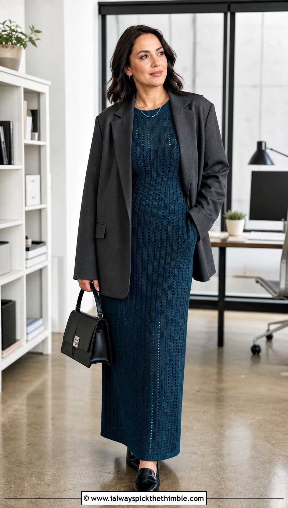 Column Crochet Maxi Dress With Blazer - 25 Long Crochet Dress outfit ideas