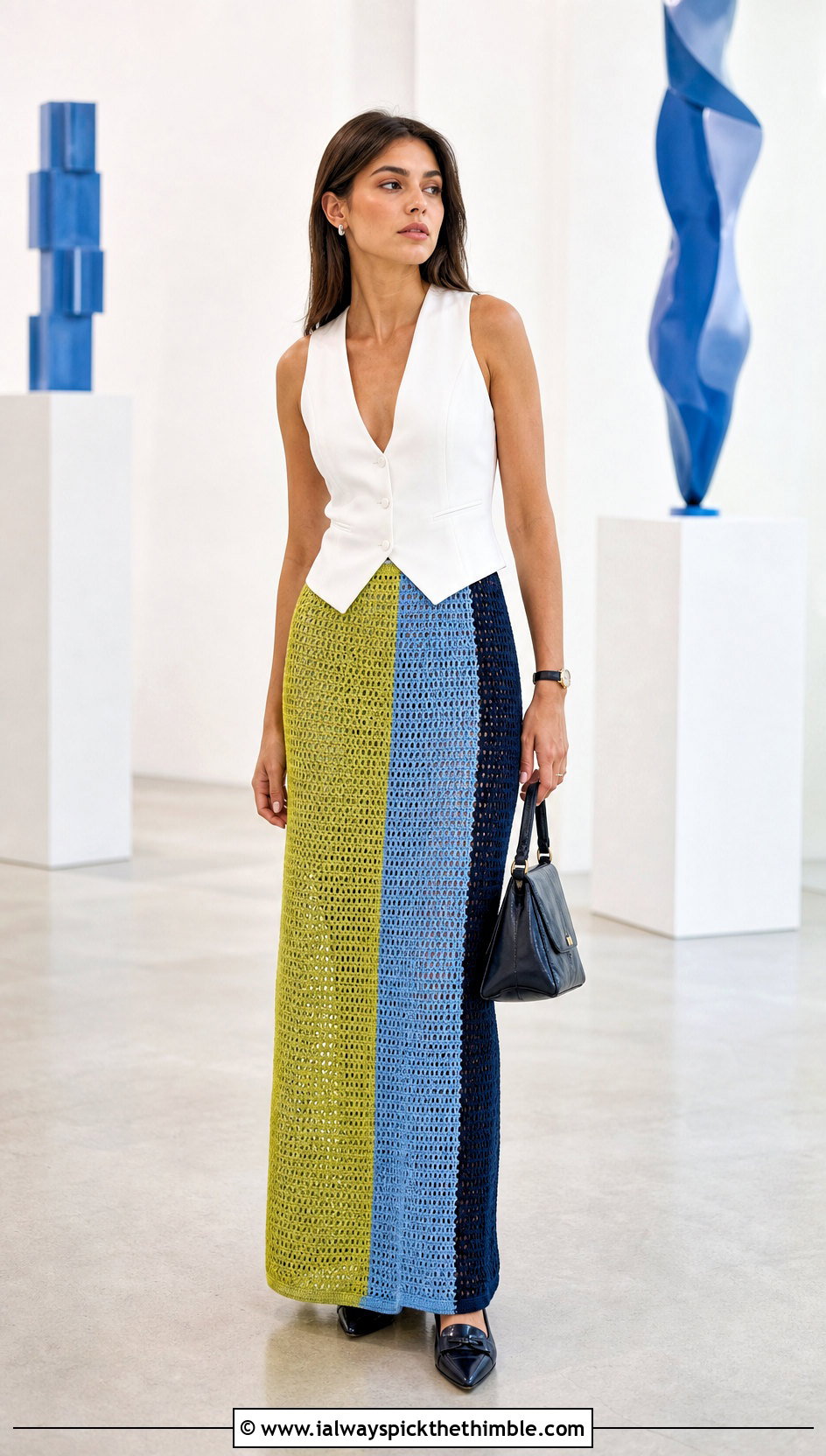 Column Crochet Patchwork Maxi Skirt With Tailored Waistcoat - 20 crochet patchwork skirt outfit ideas