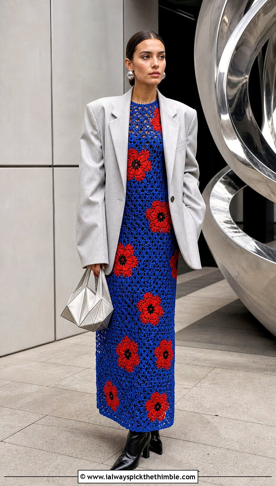 Column Floral Crochet Maxi Dress With Oversized Blazer - 15 floral crochet maxi dress outfit ideas