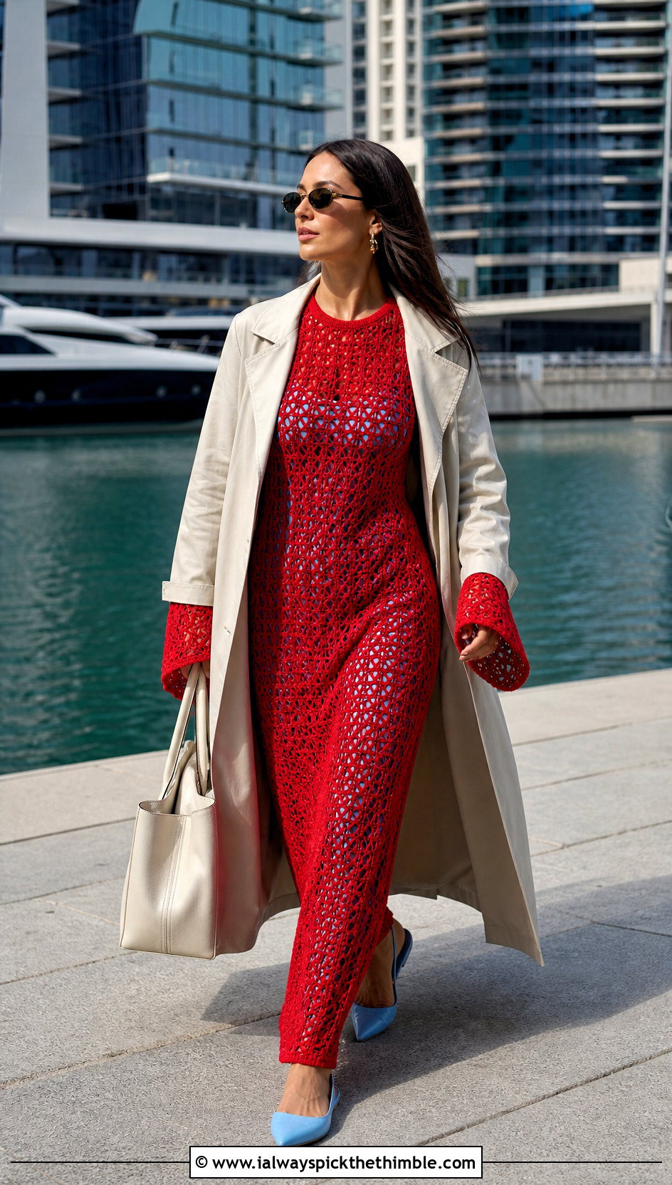 Column Long Sleeve Crochet Maxi Beach Dress With Trench Coat - 20 Long Sleeve Crochet Beach Dress outfit ideas