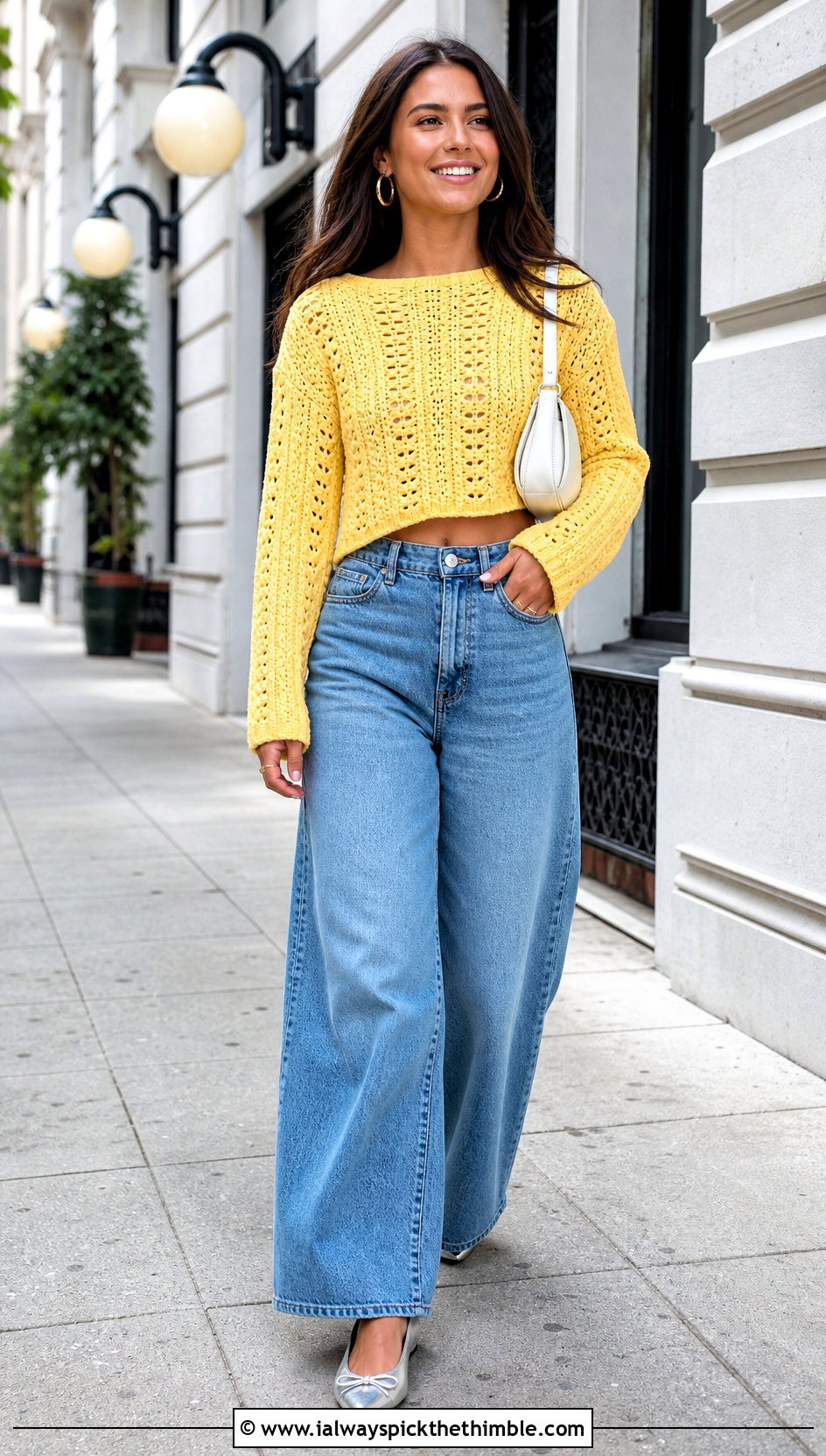 Column Shell Stitch Crochet Sweater With Wide Leg Jeans - 20 Shell Stitch Crochet Sweater outfit ideas