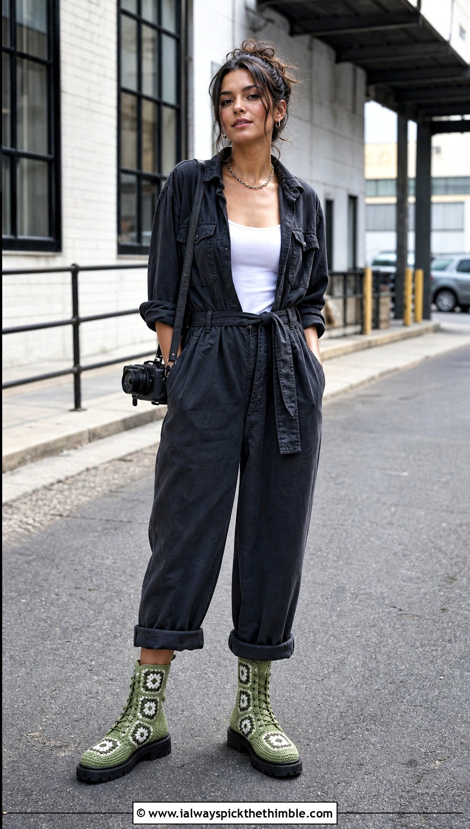 Combat Granny Square Boots With Utility Jumpsuit - 20 granny square boots outfit ideas