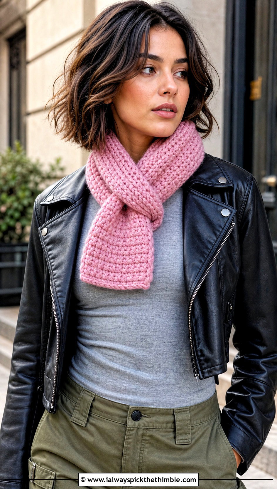 Compact Keyhole Wool Ease Crochet Scarf With Leather Jacket - 15 wool ease crochet scarf outfit ideas