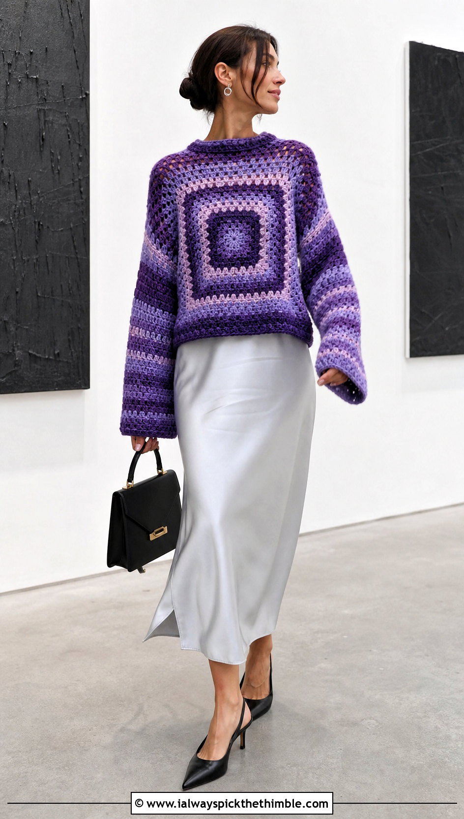 Concentric Square Crochet Sweater With Satin Slip Dress - 15 crochet sweater with geometric outfit ideas