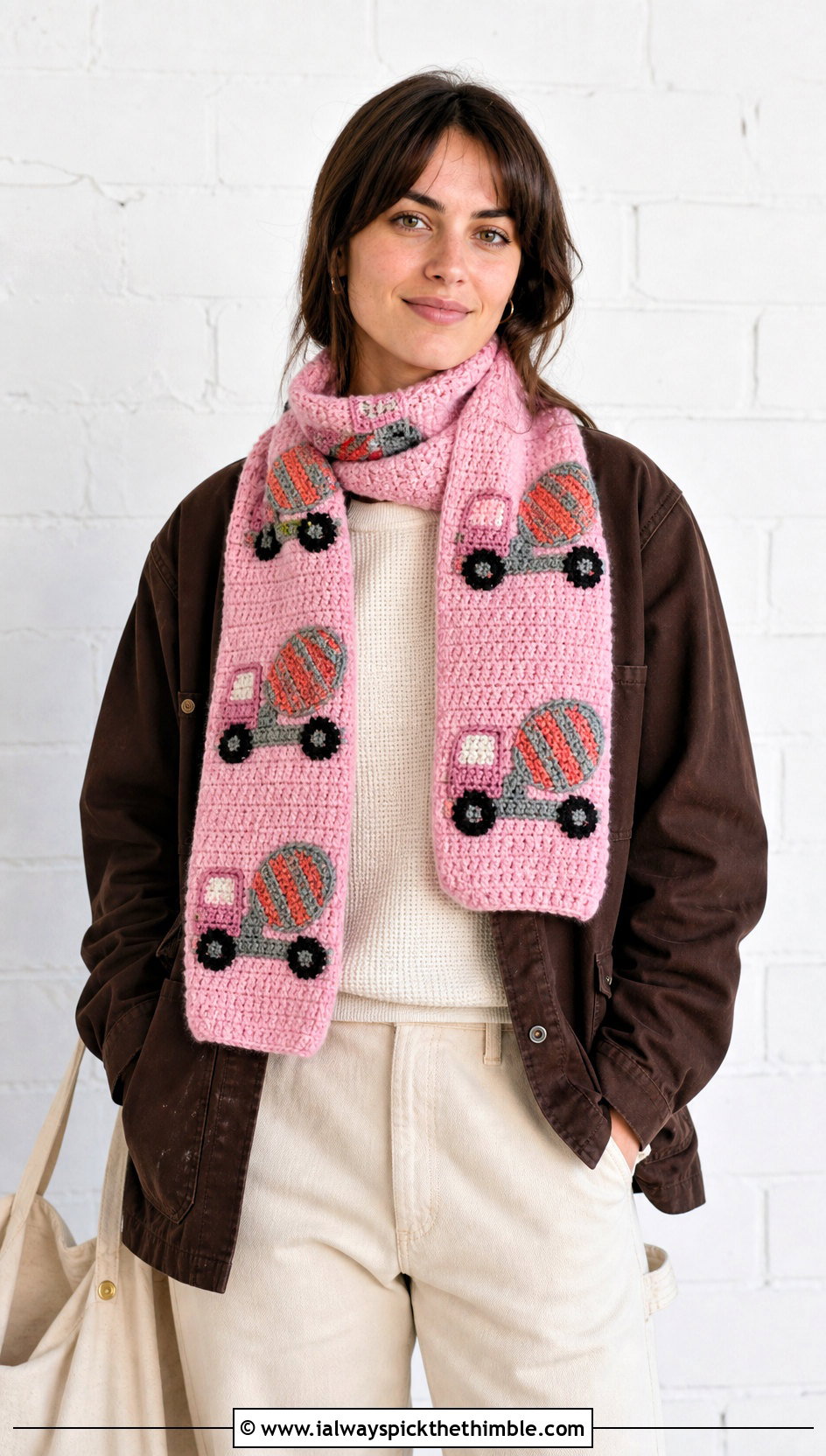Concrete Mixer Truck Crochet Scarf With Workwear - 20 Crochet Truck Scarf outfit ideas