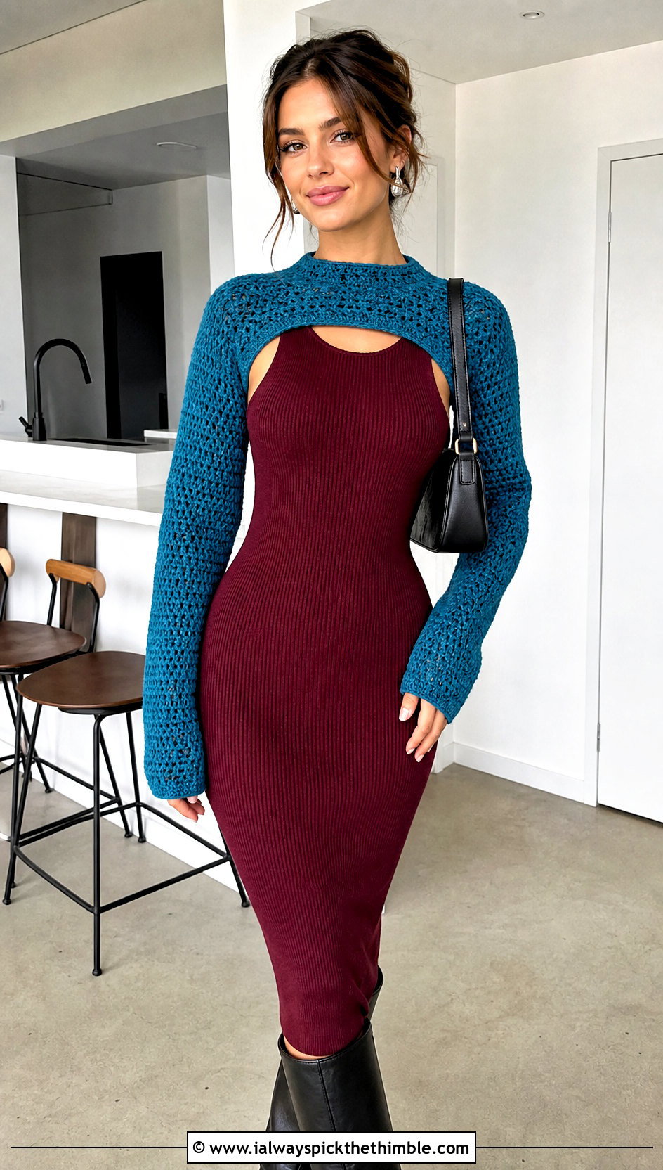 Connected Sleeve Crochet Arm Warmers With Knit Dress And Boots - 20 Easy Crochet Arm Warmers outfit ideas