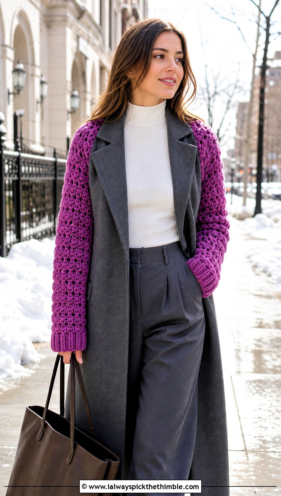Connected Sleeve Crochet Arm Warmers With Winter Coat - 20 Crochet Arm Warmer outfit ideas