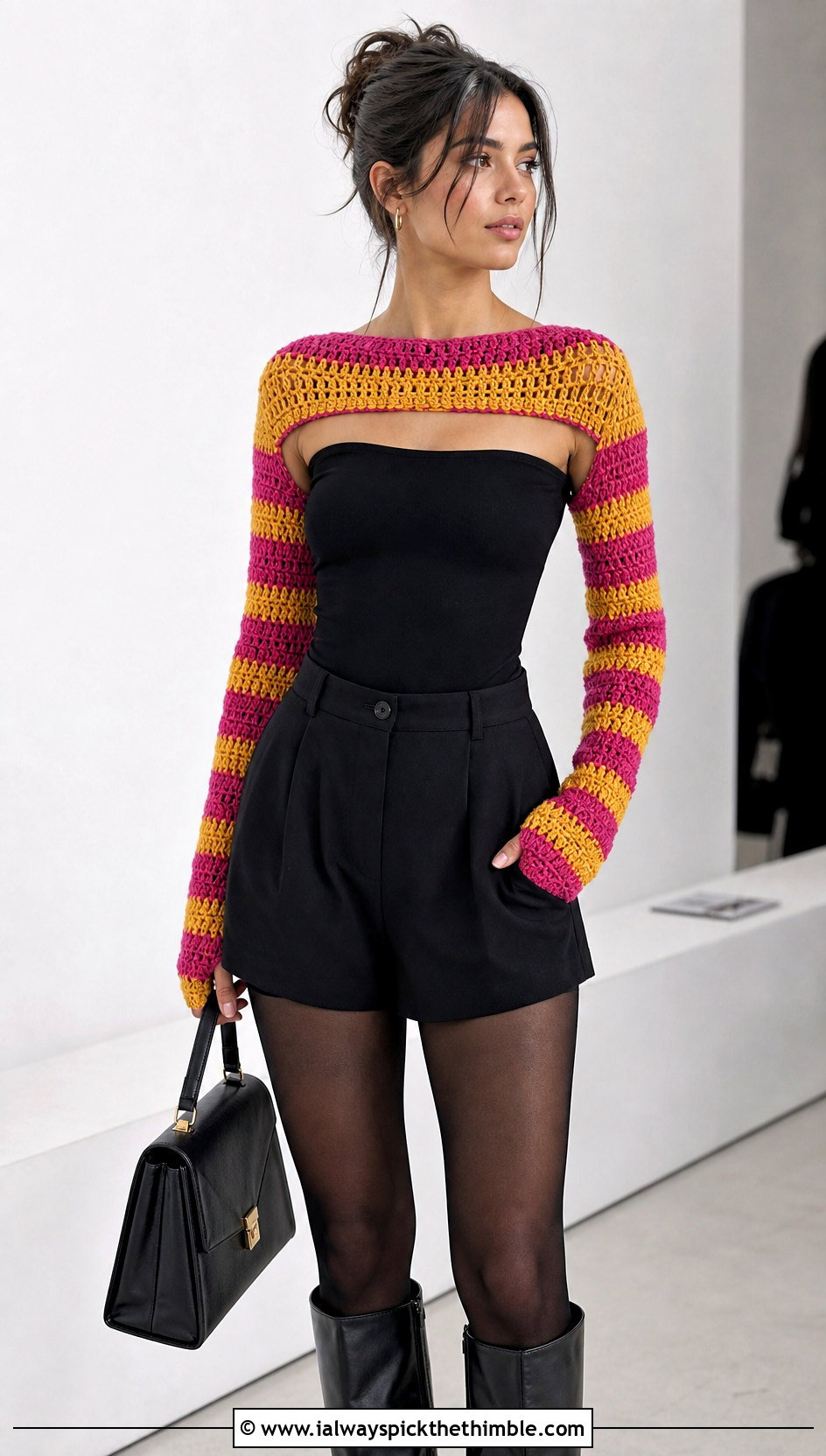 Connected Striped Crochet Sleeve Warmers With Tailored Shorts - 15 Striped Crochet Arm Warmers outfit ideas