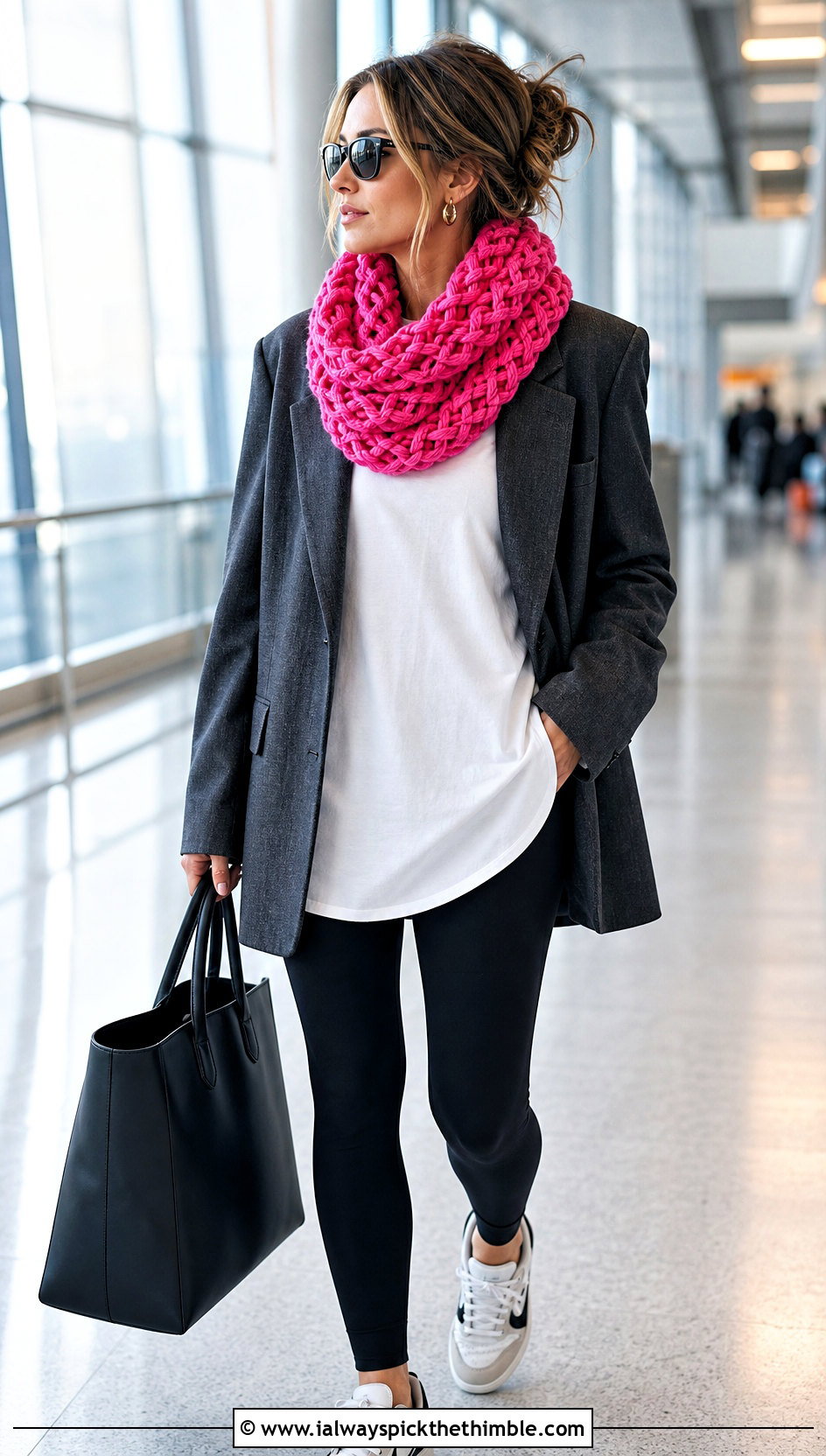 Continuous Loop Chain Link Crochet Cowl With Blazer And Leggings - 15 Chain Link Crochet Scarf outfit ideas
