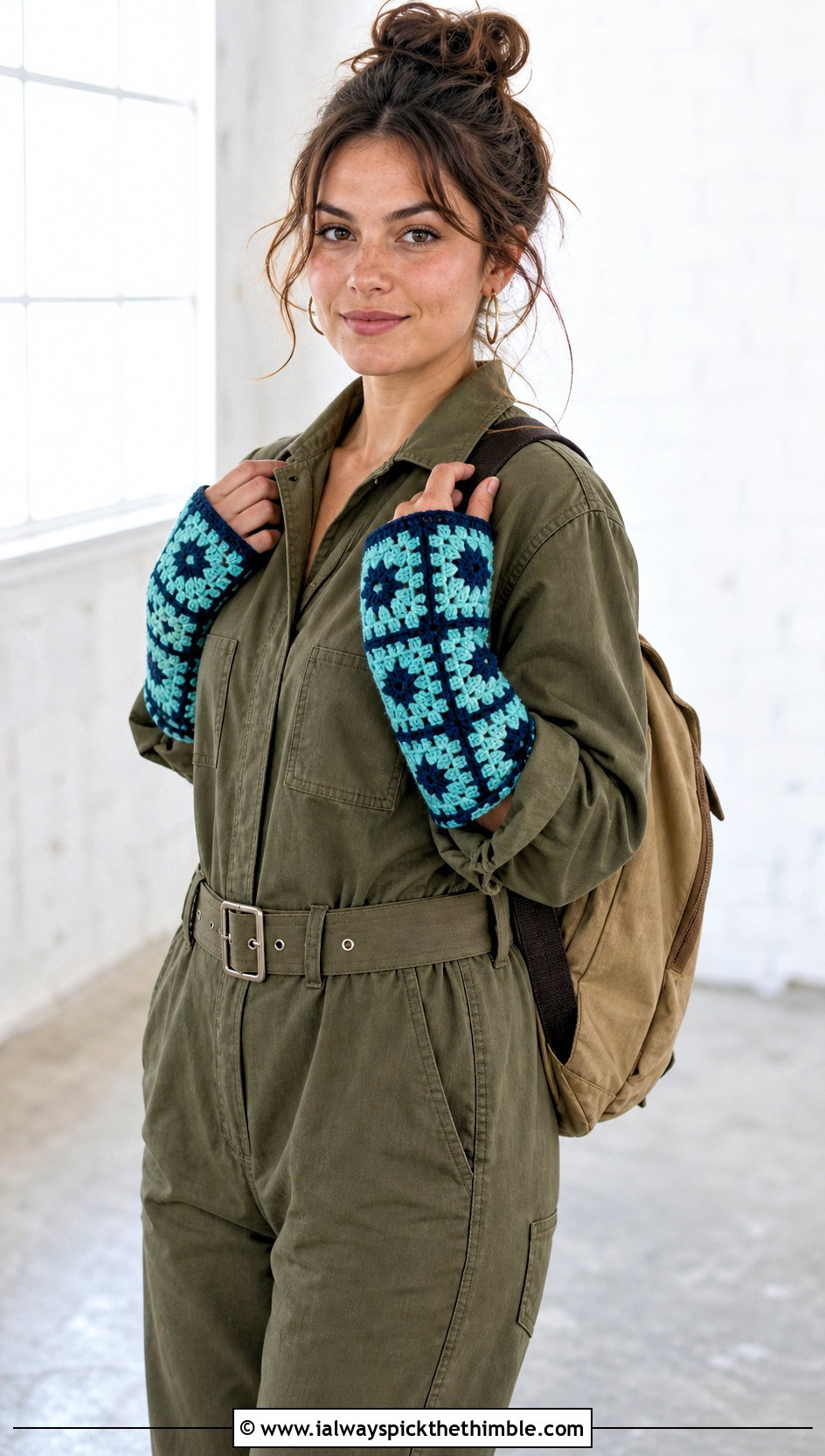 Contrast Border Granny Square Arm Warmers With Utility Jumpsuit - 20 Granny Square Arm Warmers outfit ideas