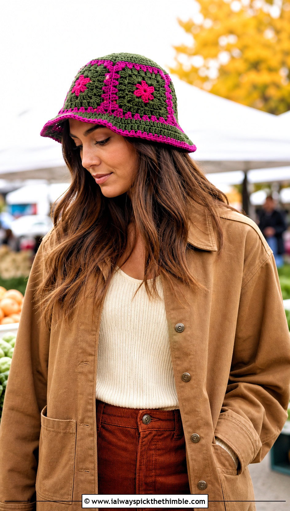 Contrast Border Granny Square Crochet Bucket Hat With Chore Jacket - 25 granny square crochet bucket hat outfit ideas