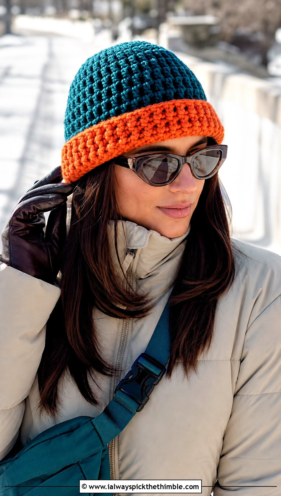 Contrast Brim Two Tone Crochet Beanie With Puffer Coat - 15 two tone crochet beanie outfit ideas