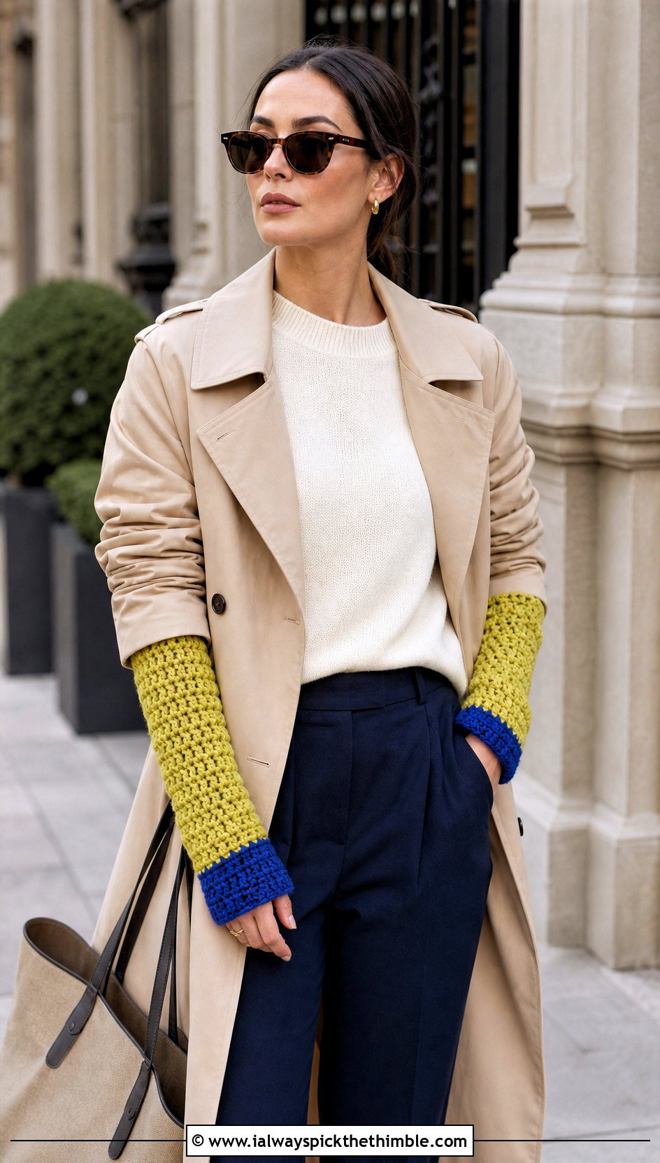 Contrast Cuff Crochet Arm Warmers With Trench Coat And Cropped Pants - 20 Easy Crochet Arm Warmers outfit ideas