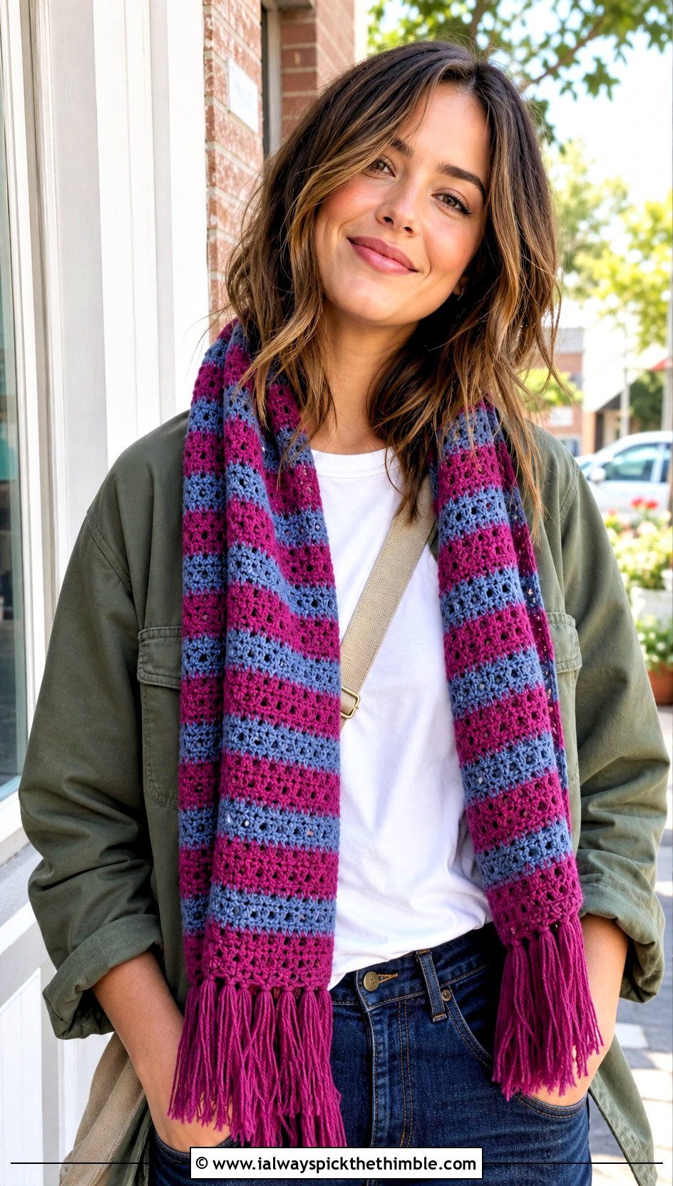 Contrast Fringe Striped Crochet Scarf With Chore Jacket - 20 Crochet Scarf Fringe Ideas