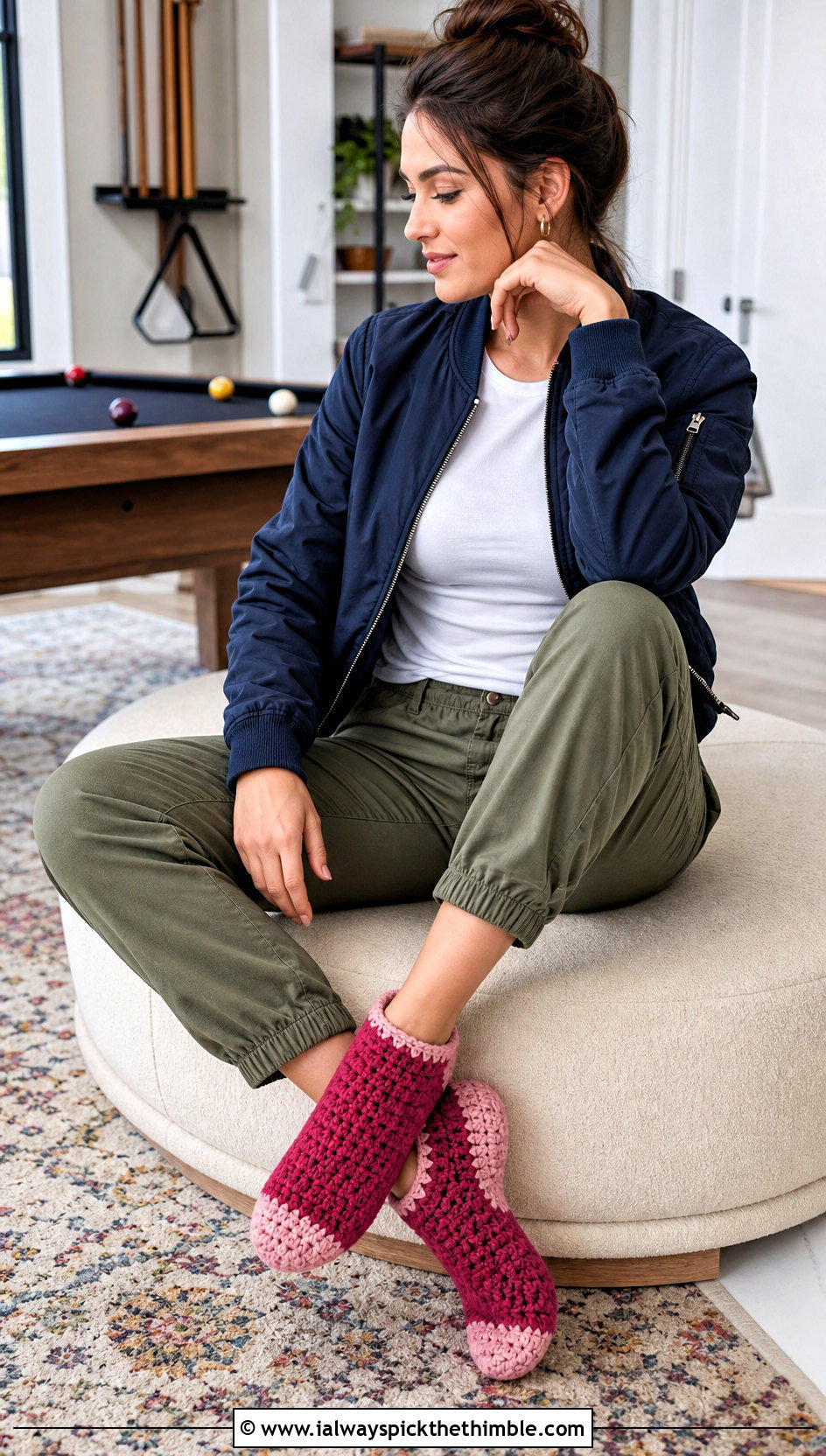 Contrast Toe Crochet Slipper Socks With Cargo Pants - 20 Crochet Slipper Socks outfit ideas