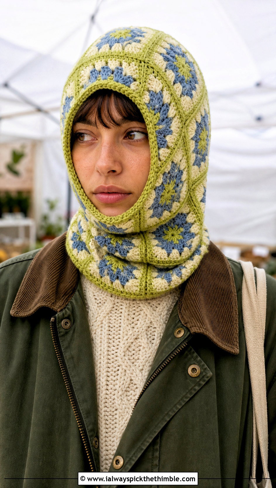 Contrast Trim Granny Square Balaclava With Barn Jacket - 20 crochet granny square balaclava outfit ideas