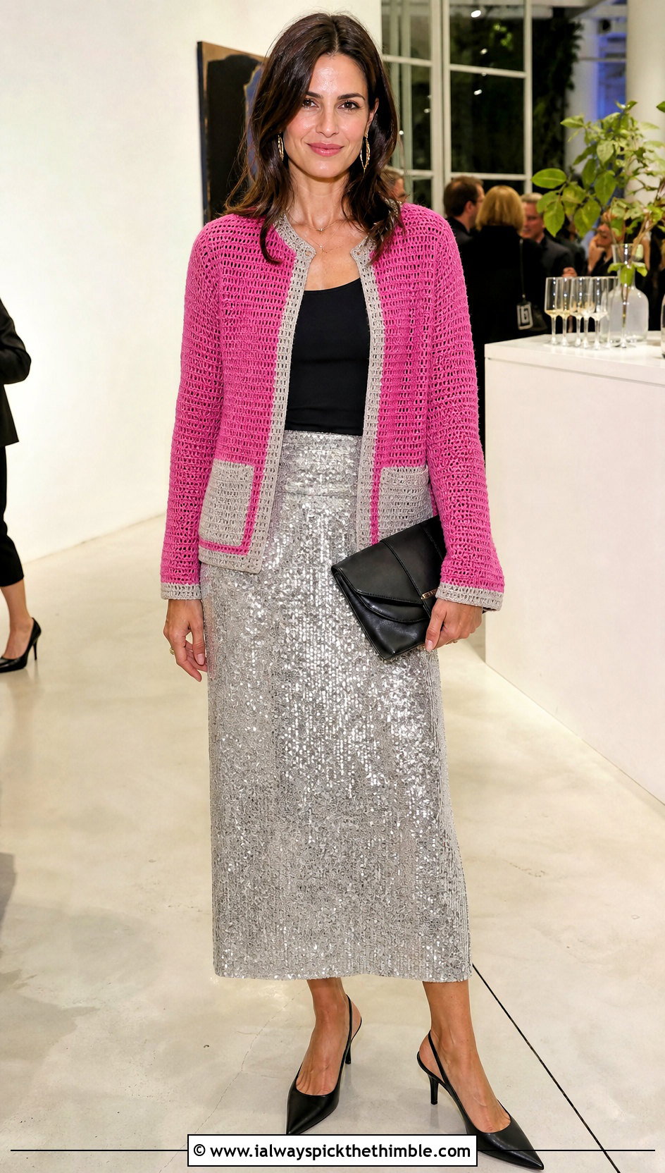 Contrast Trim Habitat Crochet Cardigan With Sequin Midi Skirt - 20 Habitat Crochet Cardigan outfit ideas