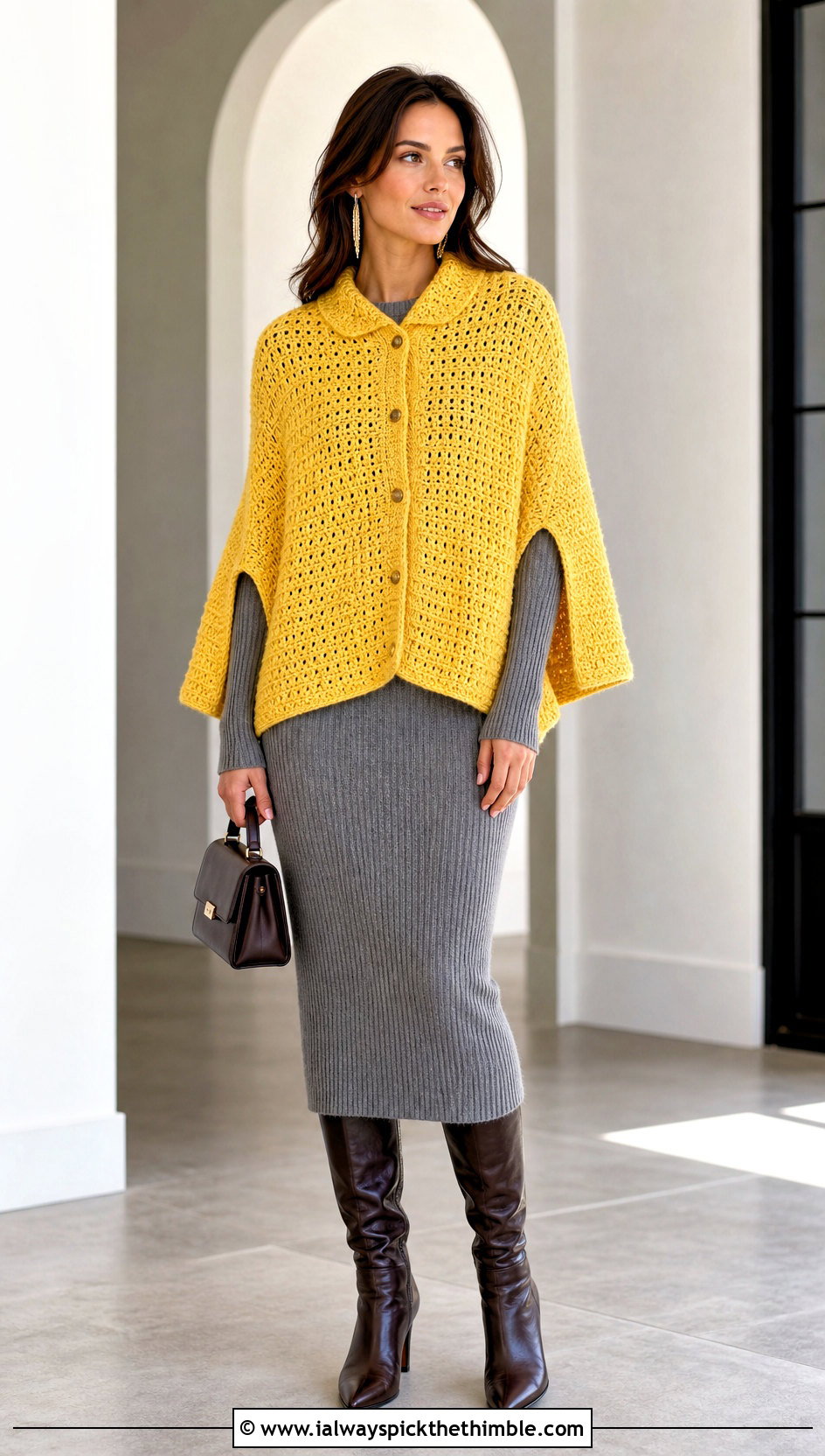 Convertible Buttoned Poncho Wrap With Knit Column Dress - 15 Buttoned Crochet Wrap outfit ideas