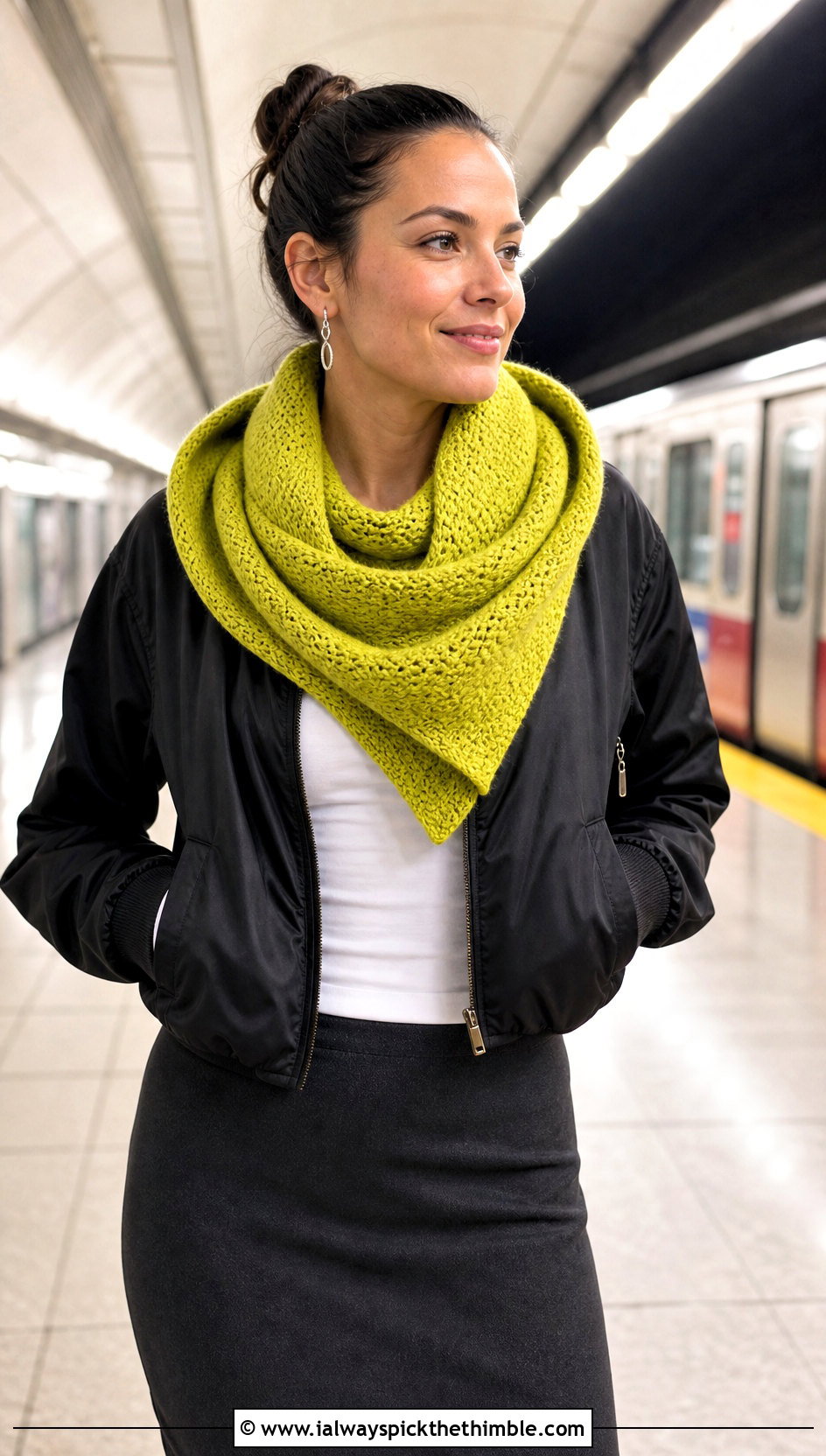 Convertible Cowl Crochet Cashmere Scarf With Bomber Jacket - 20 crochet cashmere scarf outfit ideas
