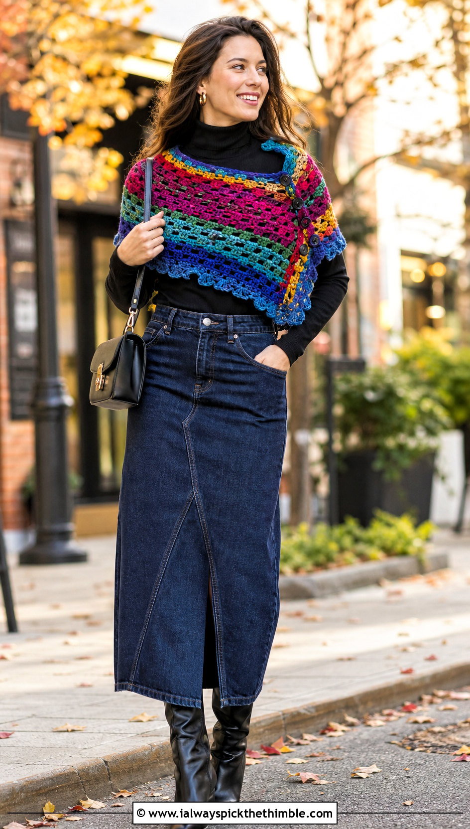 Convertible Crochet Caplet Shawl With Turtleneck And Maxi Skirt - 20 crochet caplet shawl outfit ideas
