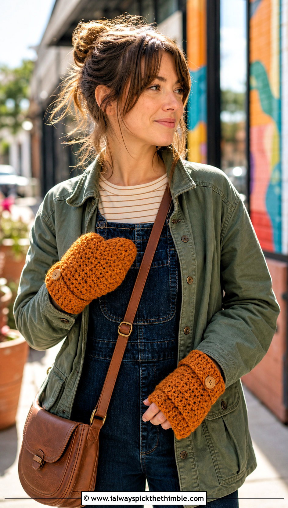 Convertible Crochet Chunky Mittens With Utility Jacket And Overalls - 20 crochet chunky mittens outfit ideas