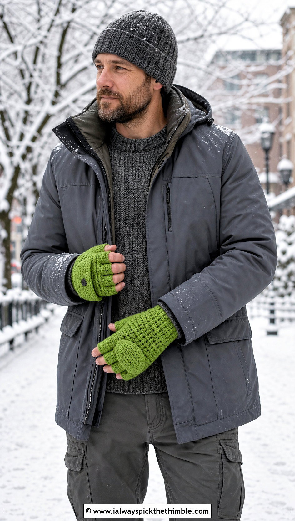 Convertible Crochet Fingerless Gloves With Parka - 20 Crochet Mens Fingerless Gloves outfit ideas