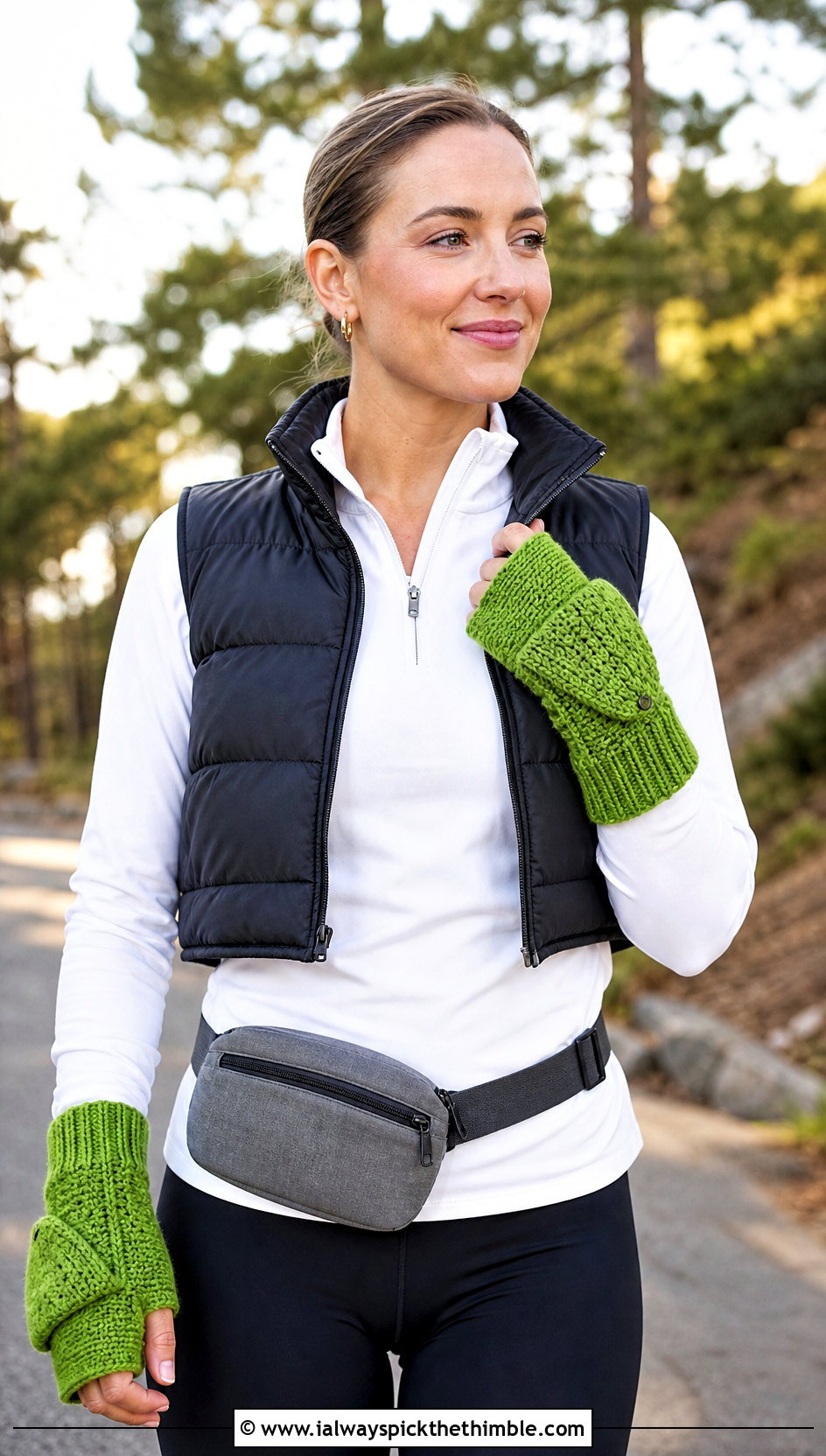 Convertible Crochet Fingerless Mittens With Puffer Vest And Leggings - 15 Crochet Tipless Gloves outfit ideas