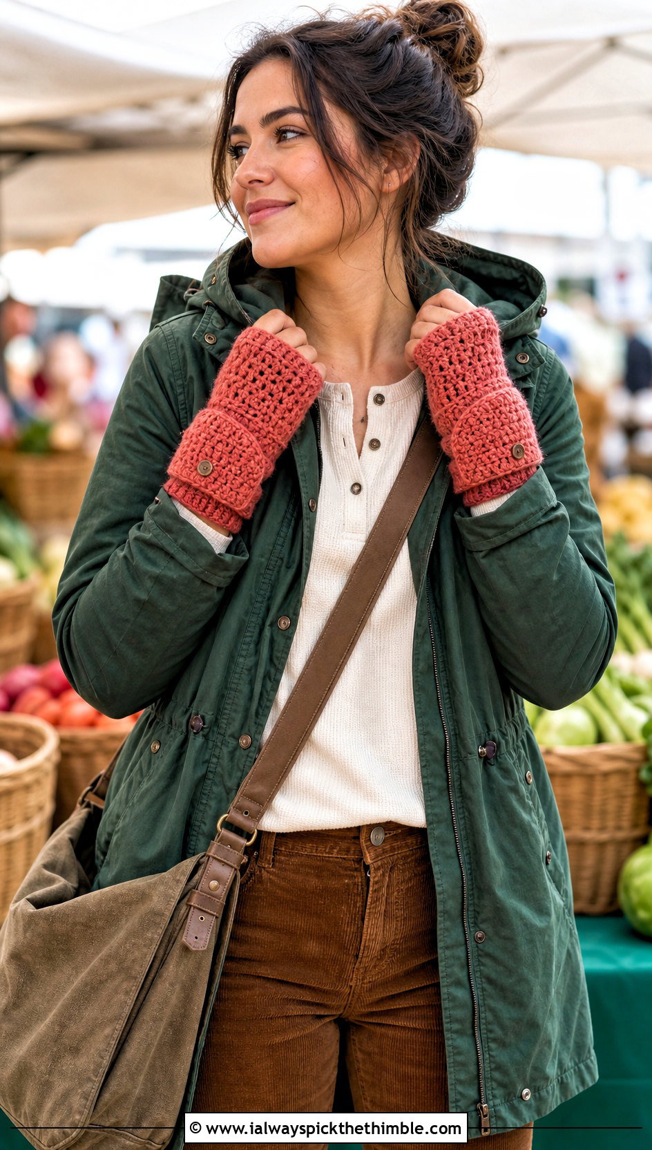 Convertible Crochet Fingerless Mitts With Parka And Corduroy Pants - 20 Crochet Fingerless Mitts outfit ideas
