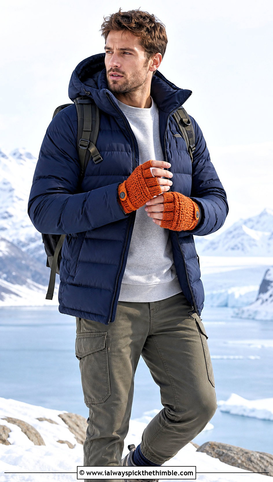 Convertible Crochet Gloves With Puffer Jacket - 25 men crochet gloves outfit ideas