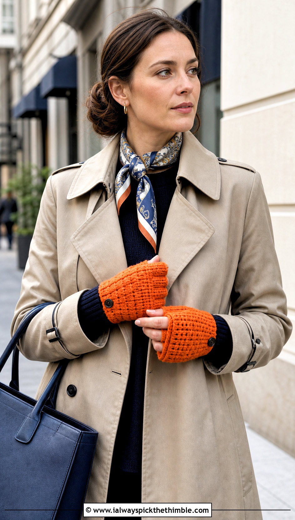 Convertible Crochet Mitten Gloves With Trench Coat - 25 crochet gloves fingers outfit ideas